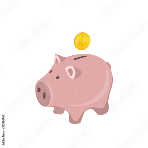 Piggy bank with coin vector illustration. Icon of saving or accumulating money, investment. Piggy bank icon in flat style isolated on background. The concept of banking or business services.