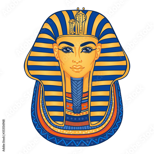 King Tutankhamun mask, ancient Egyptian pharaoh. Hand-drawn vintage vector outline illustration. Tattoo flash, t-shirt or poster design, postcard. Egypt history.