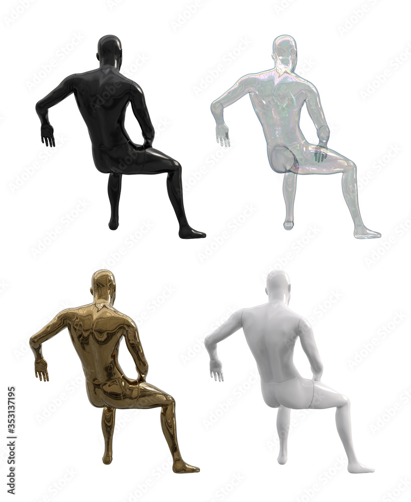 Set of seated male mannequins in a back view. Set of male mannequin