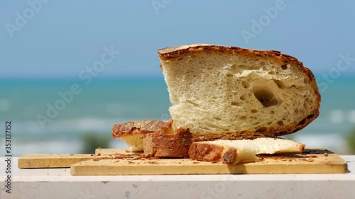 bakery shop background with Pane Pugliese, a traditional bread of South Italy food tradition