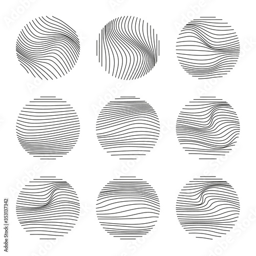 Set of round modern minimal logo with organic shapes with dynamic waves and lines. Vector emblem for cosmetics, beauty industry. Hand drawn templates black color.