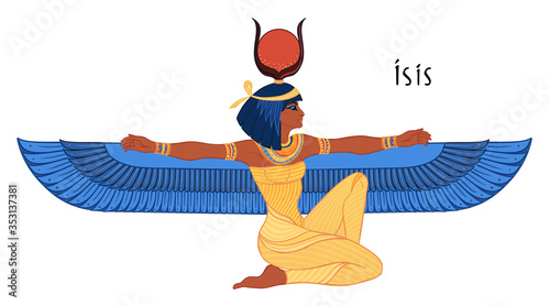 Isis, goddess of life and magic in Egyptian mythology. One of the greatest goddesses of Ancient Egypt, protects women, children, heals sick. Vector isolated illustration. Winged woman. Print, poster. photo