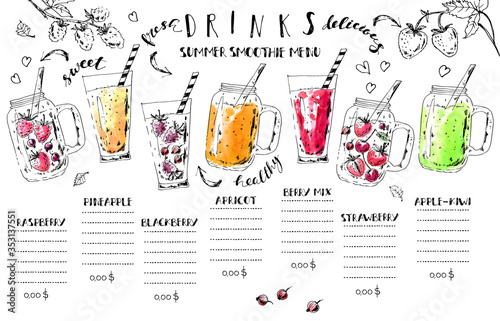 Hand drawn summer fruit smoothie drinks menu. Ink and watercolor stain illustration.