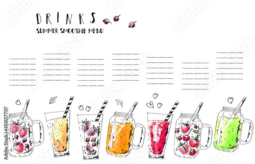Hand drawn summer fruit smoothie drinks menu. Ink and watercolor stain illustration.
