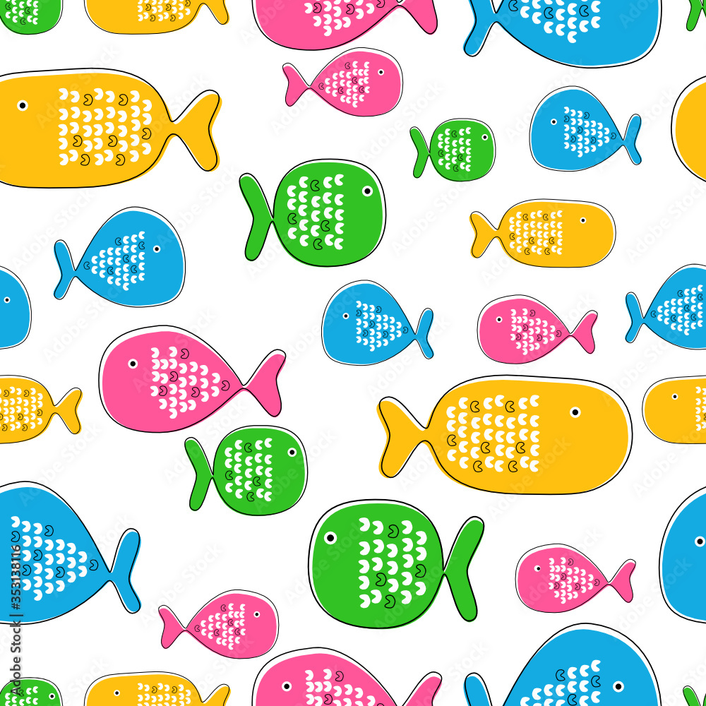 Cute fish cartoon. Vector illustration seamless pattern background. Can be used in textile, paper, wallpaper, gift wrapping paper, background, scrapbooking or fabric printing.