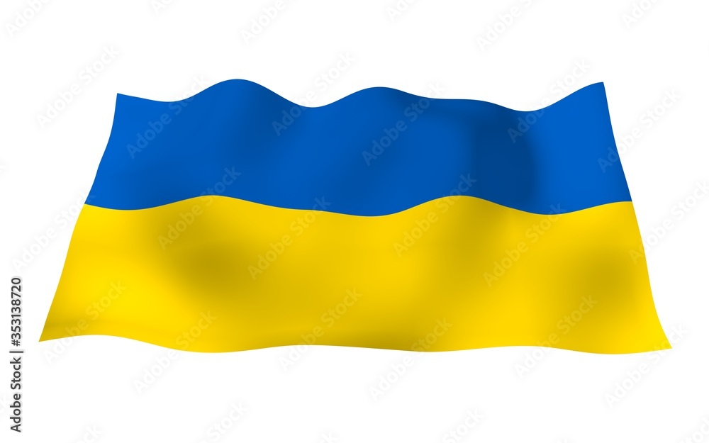 The flag of Ukraine on a white background. National flag and state ensign. Blue and yellow bicolour. 3D illustration waving flag The flag of Ukraine on a white background. National flag and state ensign. Blue and yellow bicolour. 3D illustration waving flag