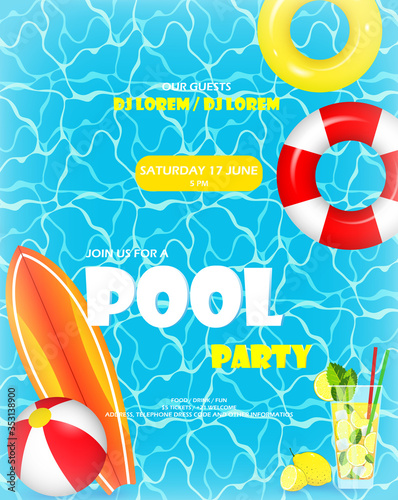 Pool party. Invitation template card. Top view of swimming pool with pool floats. Colorful swimming ring, beach ball and letters float on crystal clean water with sunny highlights