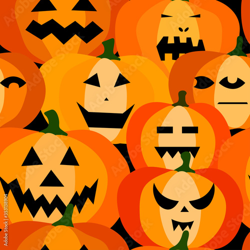 Seamless pattern of halloween scary orange pumpkins on a black background. Funny, creepy, smiling faces. Autumn characters. Happy Halloween festive symbol. Spooky autumn vector flat style illustration