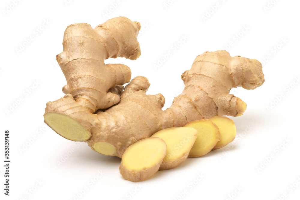 Close up,Fresh ginger root and sliced isolated on white background,For making herbal drinks. Close up,Fresh ginger root and sliced isolated on white background,For making herbal drinks.