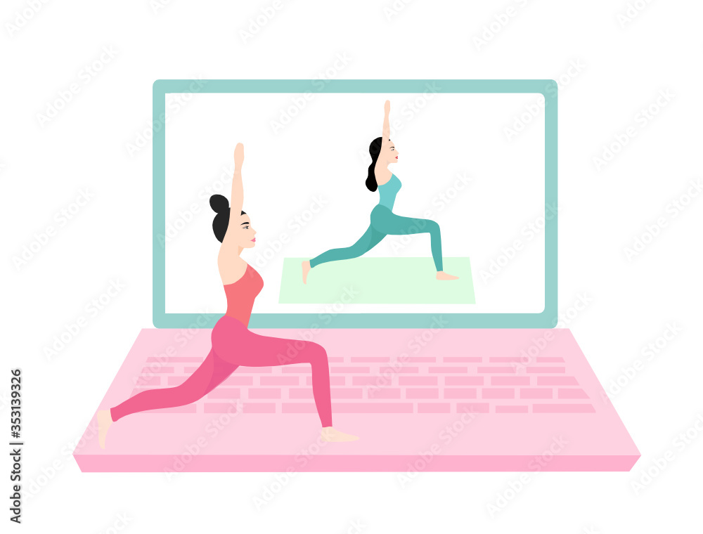 Fototapeta premium Yoga online concept with healthy woman doing yoga exercise at home with online instructor vector illustration. New normal stay at home concept 