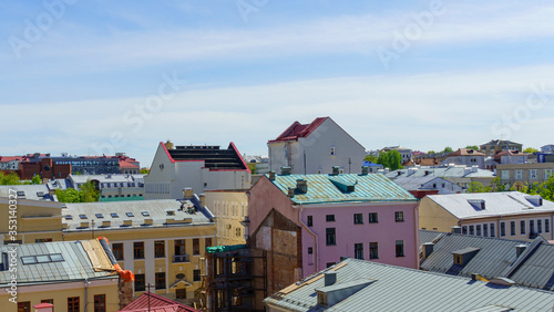 Amazing view from top of Minsk old town with many old houses. Background for your design. Space for text.