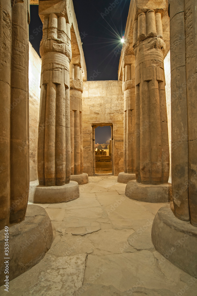 Hieroglyphic carvings on ancient egyptian temple columns at night