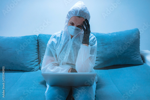 Obraz na płótnie Self-isolation and working from home, prevention, hysteria, fear of viruses and diseases