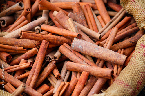 Photo sticks of cinnamon kept at a spices shop in Kerala, one of the major exporter of