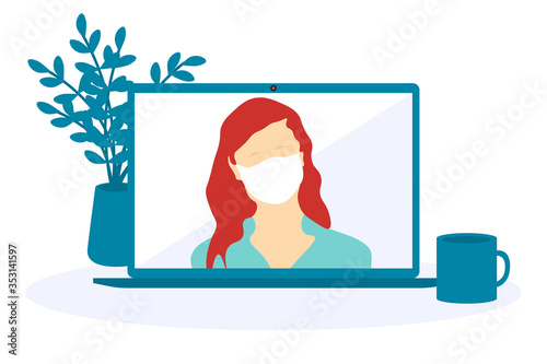 Video call conference during coronavirus COVID-19 quarantine. Social distancing with laptop, cup and plant on the table.