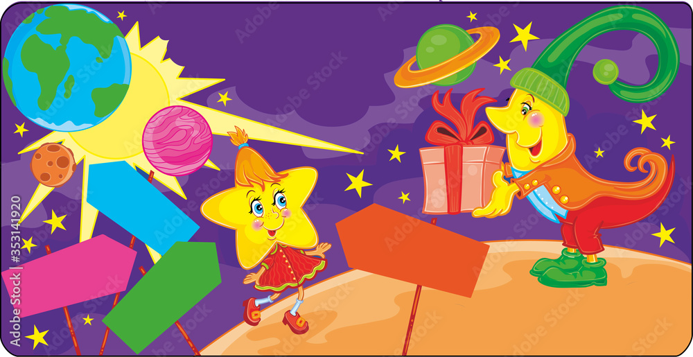on an unknown planet star character receives a gift from the month, around the signs and in the sky you can see the earth, vector illustration, illustration for the cartoon, on an unknown planet star character receives a gift from the month, around the signs and in the sky you can see the earth, vector illustration, illustration for the cartoon,