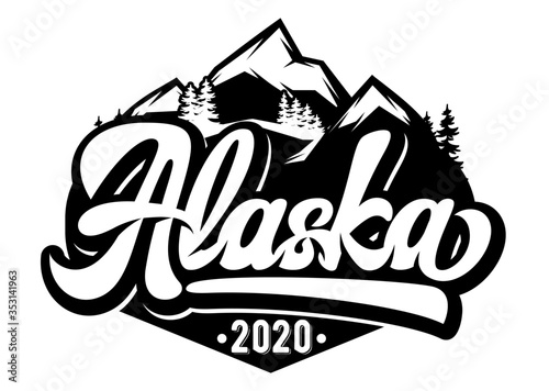 Vector template for badge with mountains and inscription - Alaska. Monochrome illustration
