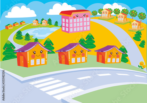 kawaii cityscape with houses with ears and smiles, vector illustration, cartoon illustration,
