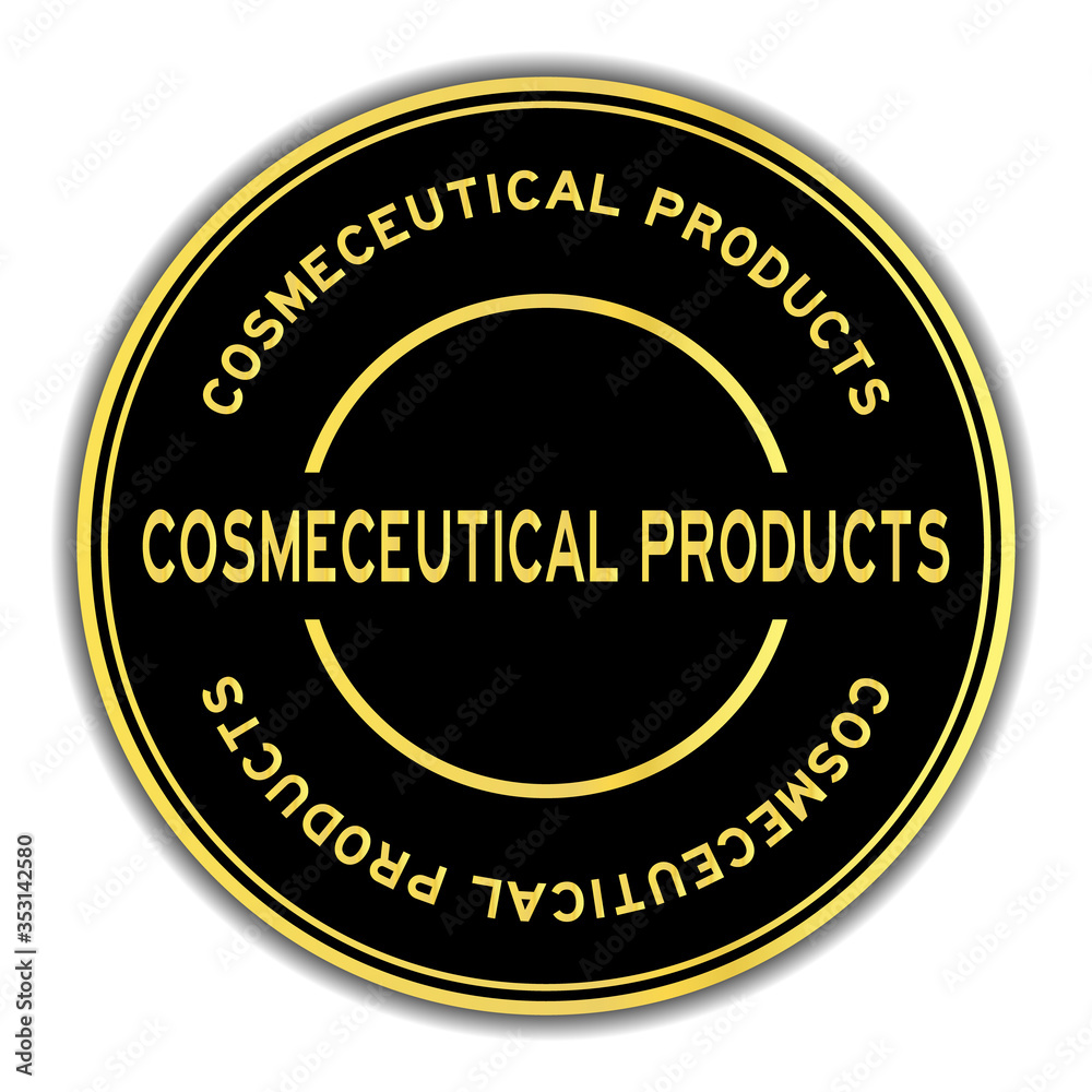 Black and gold color round sticker with word cosmeceutical product on white background