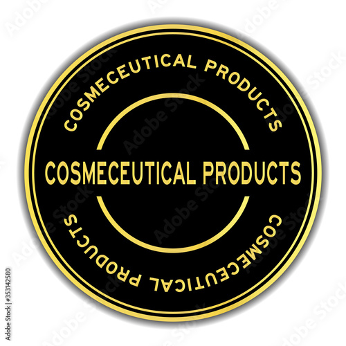 Black and gold color round sticker with word cosmeceutical product on white background