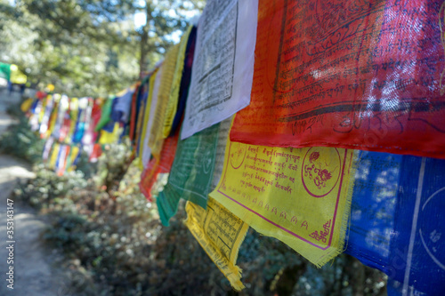 Buddhist prayer flags blowing in the wind