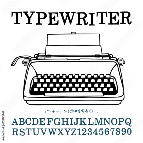 Typewriter. Hand drawn outline retro typewriter vector illustration and typewritten font. Part of set.