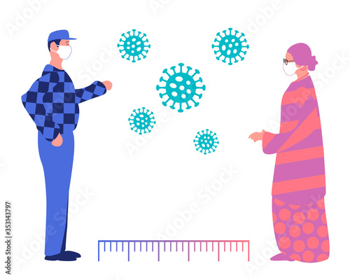 Social distancing while coronavirus, keep distance in public society people to protect from COVID-19 coronavirus. Vector illustration on transparent background. Male and female keep distance.