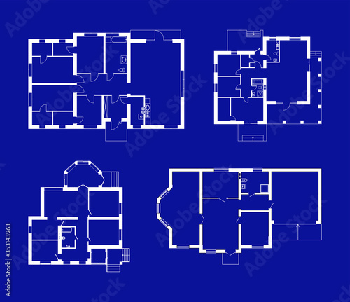 Set of floor plans blueprints. Vector unfurnished ground floor plans for your design. Suburban houses icons collection.