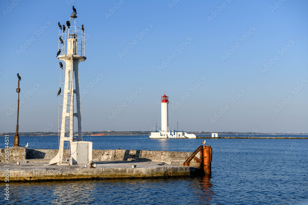Birds are perched on a tower and the Odessa lighthouse is in the background illuminated by the setting sun.