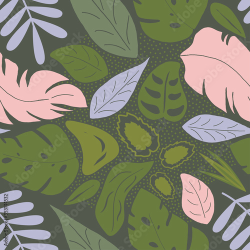 Seamless pattern with tropical leaves. Vector illustration of exotic plants on a green background. Fashionable botanical fabric design. Illustration of the jungle.