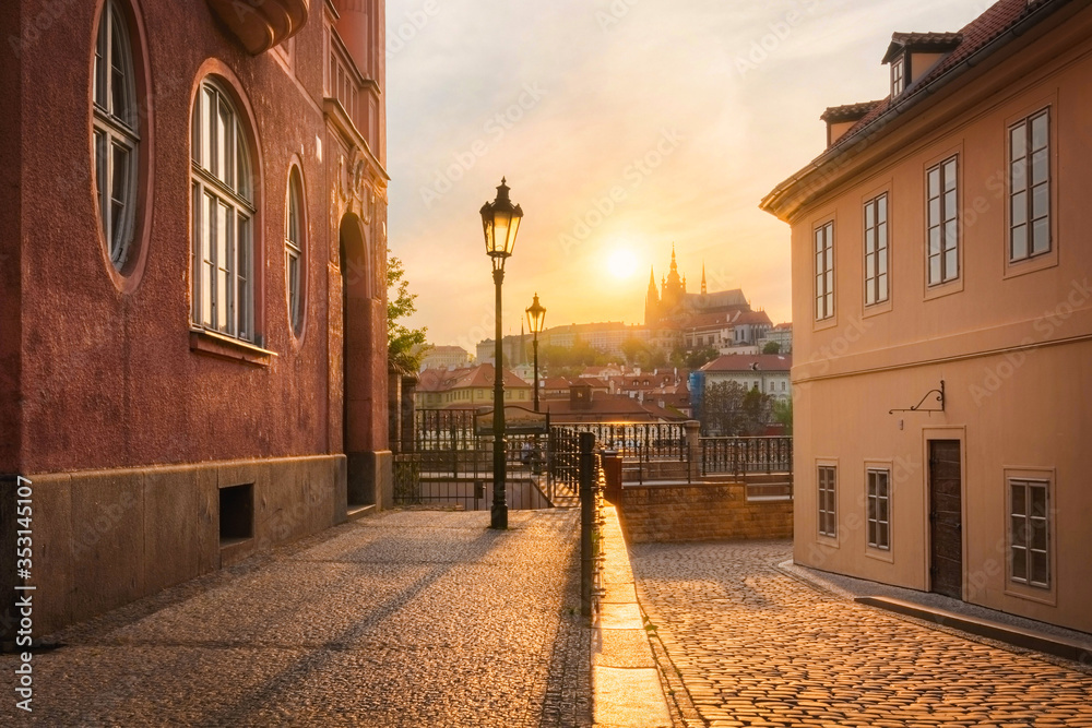 Beautiful sunset over the Prague castle and St. Vitus cathedral, Prague
