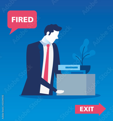 businessman sad fired, dismissal, unemployment, jobless and employee job reduction concept vector illustration design