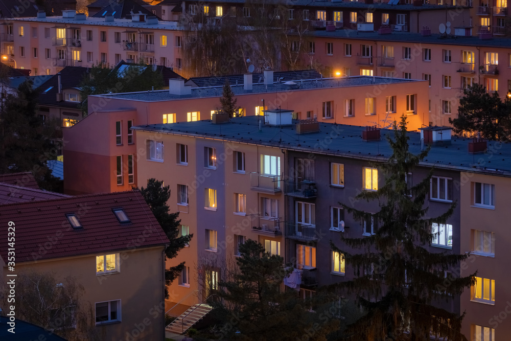 Illuminated residential area of Hloubetin after the sunset, Prague