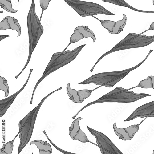 Seamless floral pattern. Hand drawn. Cute calla lilies monochrome colors botanical illustration. Design for packaging, fabric, textile, wallpaper, website, greeting cards, printed material. 