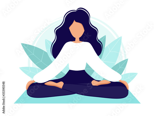 A girl in lotus yoga practices meditation. Yoga practice. Vector illustration in a flat style. Young woman meditating. Stay at home. Self-isolation.