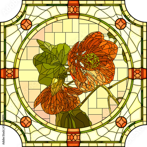 Vector mosaic with blooming two orange abutilon flowers in a round decorative stained glass frame.