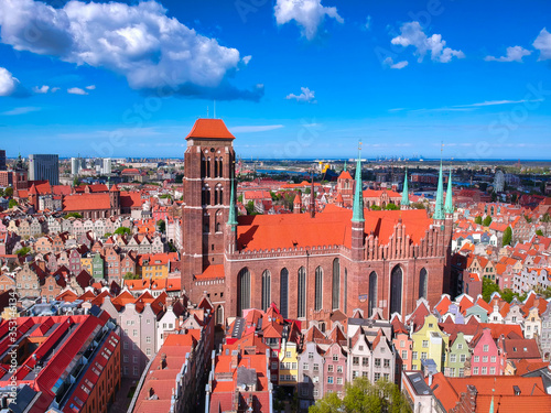 Aerial view of the old town in Gdansk with amazing architecture at summer,  Poland