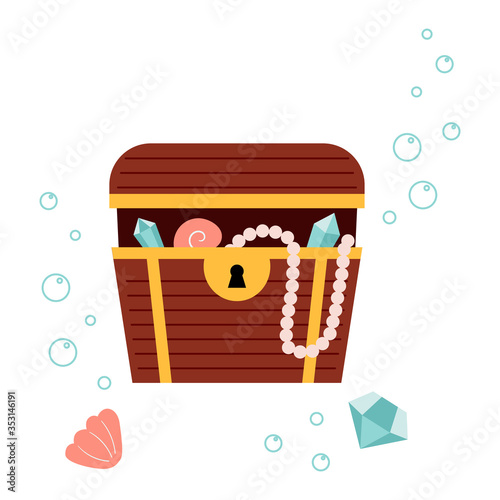 Vector cartoon mermaids treasure chest with diamonds, shells and jewelry. Isolated on white background.