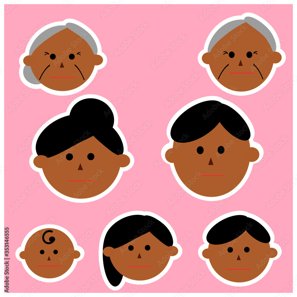 Face icons of Asian, black hair family members. Vector illustrations image. Emotions.