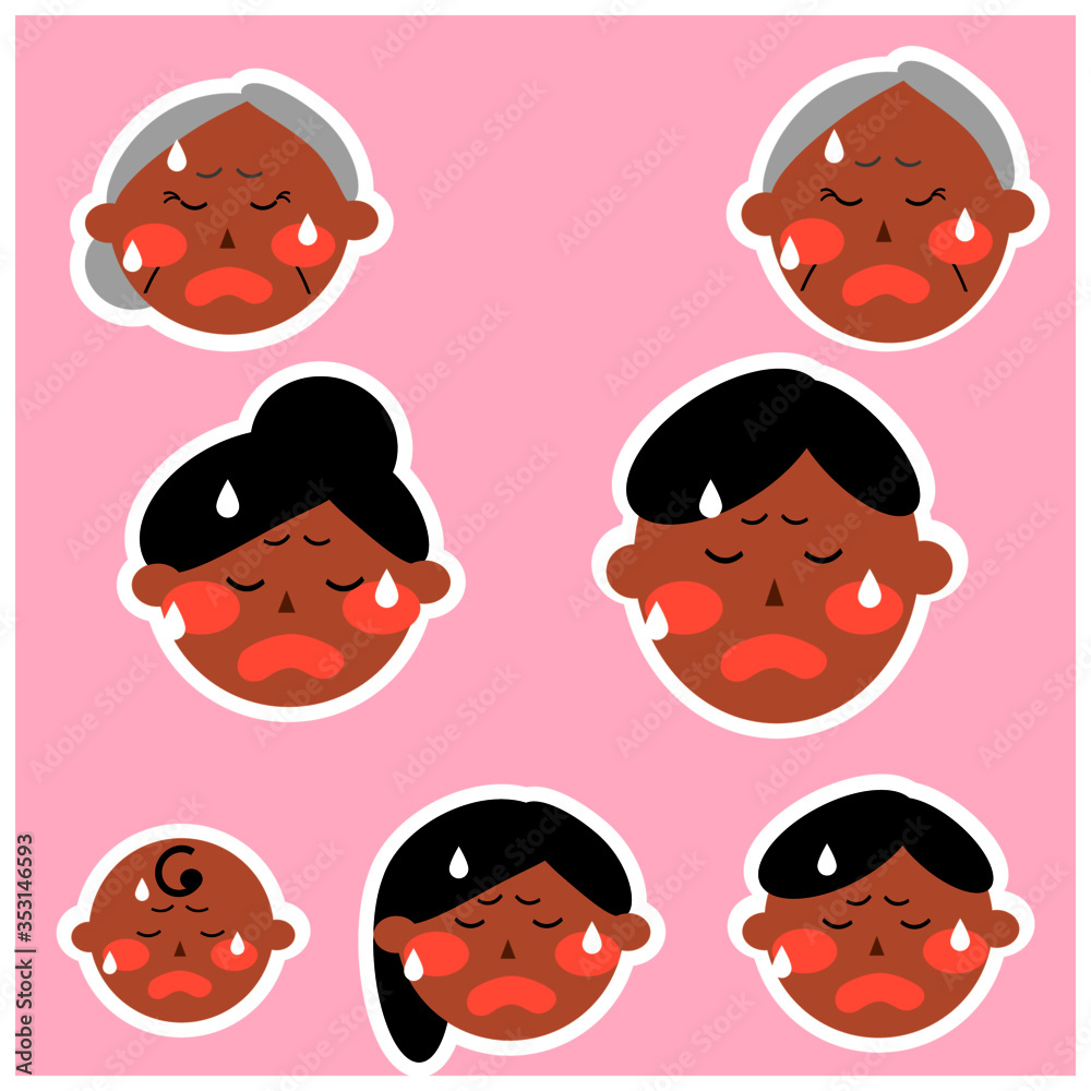 Face icons of Asian, black hair family members. Vector illustrations image. Emotions. Face icons of Asian, black hair family members. Vector illustrations image. Emotions.