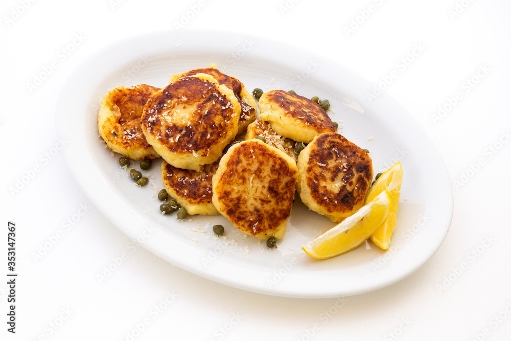 Potato Parmesan Pancakes with lemon and capers