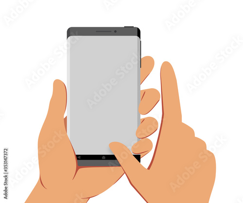 One Hand Holding Smartphone and Another Going to Touch Its Screen Template, Flat Design Style Illustration