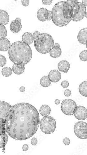 Bitcoin economic financial bubble. crypto currency 3D illustration. Business concept. Silver bubbles on white background. Bit, Coin, mining concept