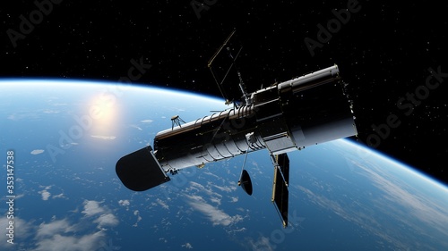 Fotografiet Hubble telescope in orbit of the Earth, Hubble Space Telescope 3d render