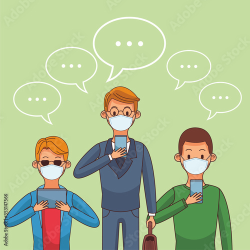 men wearing medical mask and smartphones for stay connected