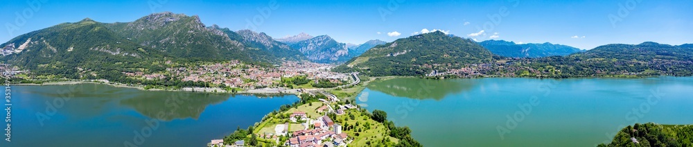aerial view of the city of Civate and Lake Annone, Lecco province, Italy