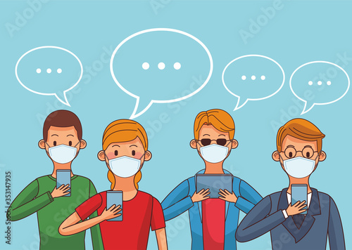 people wearing medical mask and smartphones for stay connected
