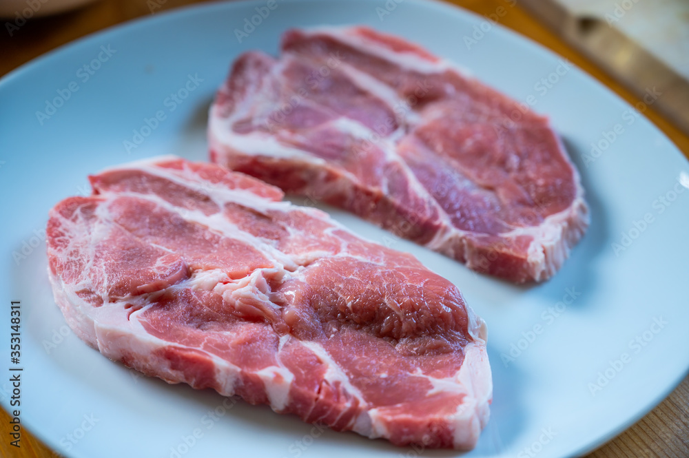fresh neck steaks of pork with beautiful meat grain