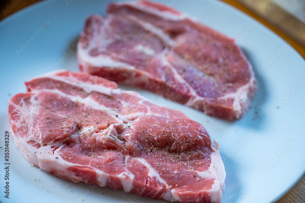 fresh neck steaks of pork with beautiful meat grain