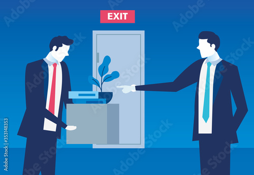 boss firing businessman , dismissal, unemployment, jobless and employee job reduction concept vector illustration design